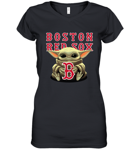 Baby Yoda Hugs Loves The Boston Red Sox Baseball Womens V-Neck T-Shirt Womens V-Neck T-Shirt / Black / S Womens V-Neck T-Shirt - VeigarTee