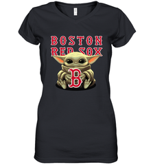 Baby Yoda Hugs Loves The Boston Red Sox Baseball Womens V-Neck T-Shirt Womens V-Neck T-Shirt - VeigarTee
