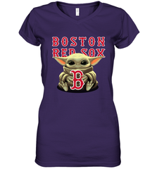 Baby Yoda Hugs Loves The Boston Red Sox Baseball Womens V-Neck T-Shirt Womens V-Neck T-Shirt - VeigarTee