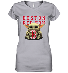 Baby Yoda Hugs Loves The Boston Red Sox Baseball Womens V-Neck T-Shirt Womens V-Neck T-Shirt - VeigarTee