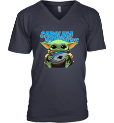 Baby Yoda Loves The Carolina Panthers Star Wars Baby Yoda Hugs Panthers NFL Mens V-Neck T-Shirt