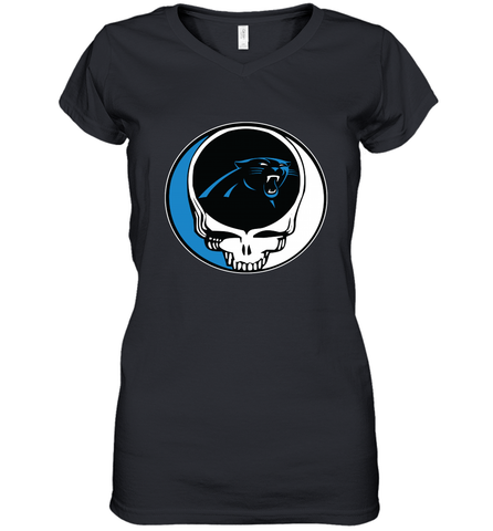 Carolina Panthers Grateful Dead Steal Your Face NFL Football Womens V-Neck T-Shirt Womens V-Neck T-Shirt / Black / S Womens V-Neck T-Shirt - VeigarTee