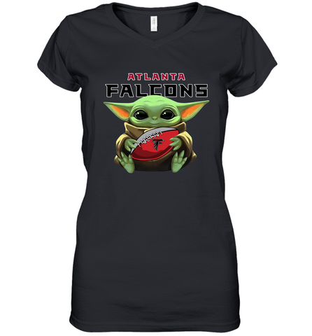 Baby Yoda Loves The Atlanta Falcons Star Wars Baby Yoda Hugs Falcons NFL Womens V-Neck T-Shirt Womens V-Neck T-Shirt / Black / S Womens V-Neck T-Shirt - VeigarTee