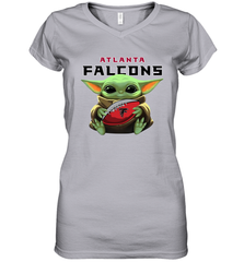 Baby Yoda Loves The Atlanta Falcons Star Wars Baby Yoda Hugs Falcons NFL Womens V-Neck T-Shirt Womens V-Neck T-Shirt - VeigarTee