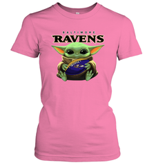 Baby Yoda Loves The Baltimore Ravens Star Wars Baby Yoda Hugs Ravens NFL Womens T-Shirt Womens T-Shirt - VeigarTee