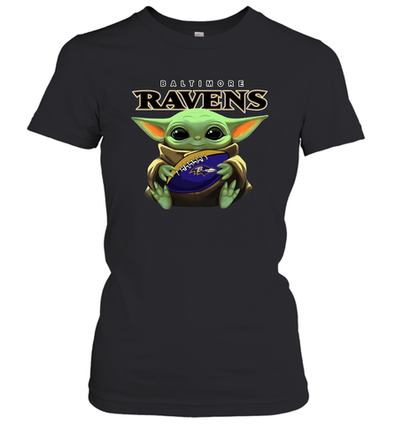 Baby Yoda Loves The Baltimore Ravens Star Wars Baby Yoda Hugs Ravens NFL Womens T-Shirt Womens T-Shirt / Black / XS Womens T-Shirt - VeigarTee