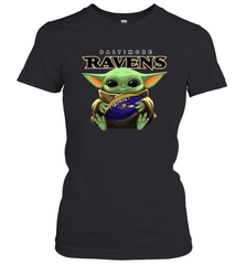 Baby Yoda Loves The Baltimore Ravens Star Wars Baby Yoda Hugs Ravens NFL Womens T-Shirt Womens T-Shirt - VeigarTee