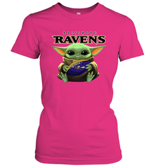 Baby Yoda Loves The Baltimore Ravens Star Wars Baby Yoda Hugs Ravens NFL Womens T-Shirt Womens T-Shirt - VeigarTee