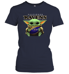 Baby Yoda Loves The Baltimore Ravens Star Wars Baby Yoda Hugs Ravens NFL Womens T-Shirt Womens T-Shirt - VeigarTee