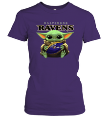Baby Yoda Loves The Baltimore Ravens Star Wars Baby Yoda Hugs Ravens NFL Womens T-Shirt Womens T-Shirt - VeigarTee