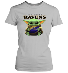 Baby Yoda Loves The Baltimore Ravens Star Wars Baby Yoda Hugs Ravens NFL Womens T-Shirt Womens T-Shirt - VeigarTee