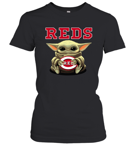 Baby Yoda Hugs Loves The Cincinnati Reds Baseball Womens T-Shirt Womens T-Shirt / Black / XS Womens T-Shirt - VeigarTee