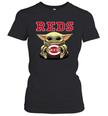 Baby Yoda Hugs Loves The Cincinnati Reds Baseball Womens T-Shirt Womens T-Shirt - VeigarTee