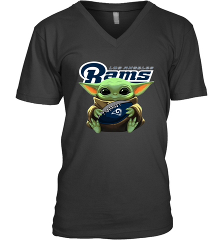 Baby Yoda Loves The Los Angeles Rams Star Wars Baby Yoda Hugs Rams NFL Mens V-Neck T-Shirt Mens V-Neck T-Shirt / Black / S Mens V-Neck T-Shirt - VeigarTee