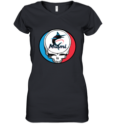 Miami Marlins Grateful Dead Steal Your Face Baseball Womens V-Neck T-Shirt