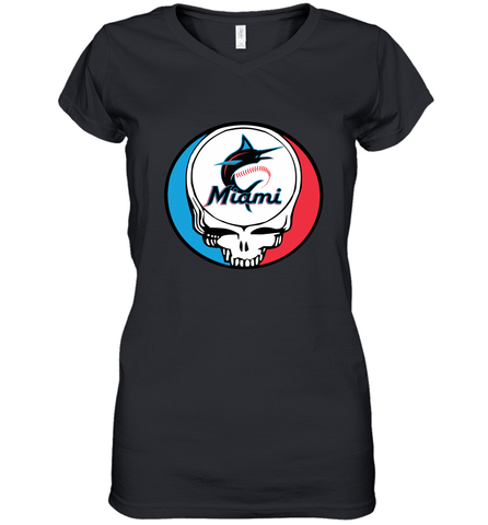 Miami Marlins Grateful Dead Steal Your Face Baseball Womens V-Neck T-Shirt Womens V-Neck T-Shirt / Black / S Womens V-Neck T-Shirt - VeigarTee