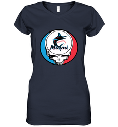 Miami Marlins Grateful Dead Steal Your Face Baseball Womens V-Neck T-Shirt