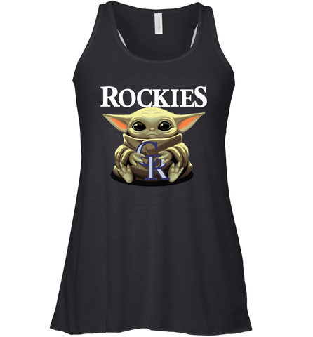 Baby Yoda Hugs Loves The Colorado Rockies Baseball Womens Racerback Tank Top Womens Racerback Tank Top / Black / XS Womens Racerback Tank Top - VeigarTee