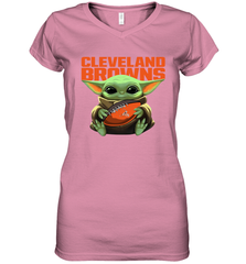Baby Yoda Loves The Cleveland Browns Star Wars Baby Yoda Hugs Browns NFL Womens V-Neck T-Shirt Womens V-Neck T-Shirt - VeigarTee