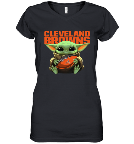 Baby Yoda Loves The Cleveland Browns Star Wars Baby Yoda Hugs Browns NFL Womens V-Neck T-Shirt Womens V-Neck T-Shirt / Black / S Womens V-Neck T-Shirt - VeigarTee
