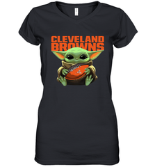 Baby Yoda Loves The Cleveland Browns Star Wars Baby Yoda Hugs Browns NFL Womens V-Neck T-Shirt Womens V-Neck T-Shirt - VeigarTee