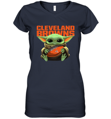 Baby Yoda Loves The Cleveland Browns Star Wars Baby Yoda Hugs Browns NFL Womens V-Neck T-Shirt Womens V-Neck T-Shirt - VeigarTee