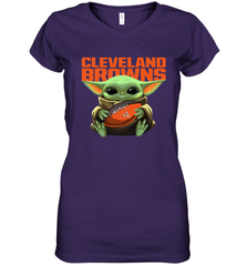 Baby Yoda Loves The Cleveland Browns Star Wars Baby Yoda Hugs Browns NFL Womens V-Neck T-Shirt Womens V-Neck T-Shirt - VeigarTee