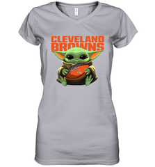 Baby Yoda Loves The Cleveland Browns Star Wars Baby Yoda Hugs Browns NFL Womens V-Neck T-Shirt Womens V-Neck T-Shirt - VeigarTee