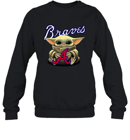 Baby Yoda Hugs Loves The Atlanta Braves Baseball Adult Sweatshirt Adult Sweatshirt / Black / S Adult Sweatshirt - VeigarTee