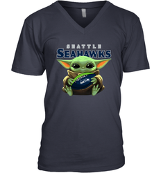 Baby Yoda Loves The Seattle Seahawks Star Wars Baby Yoda Hugs Seahawks NFL Mens V-Neck T-Shirt