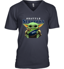 Baby Yoda Loves The Seattle Seahawks Star Wars Baby Yoda Hugs Seahawks NFL Mens V-Neck T-Shirt Mens V-Neck T-Shirt - VeigarTee