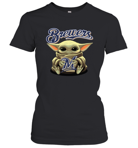 Baby Yoda Hugs Loves The Milwaukee Brewers Baseball Womens T-Shirt Womens T-Shirt / Black / XS Womens T-Shirt - VeigarTee