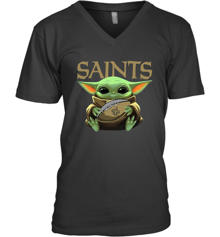 Baby Yoda Loves The New Orleans Saints Star Wars Baby Yoda Hugs Saints NFL Mens V-Neck T-Shirt Mens V-Neck T-Shirt / Black / S Mens V-Neck T-Shirt - VeigarTee