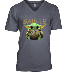 Baby Yoda Loves The New Orleans Saints Star Wars Baby Yoda Hugs Saints NFL Mens V-Neck T-Shirt Mens V-Neck T-Shirt - VeigarTee