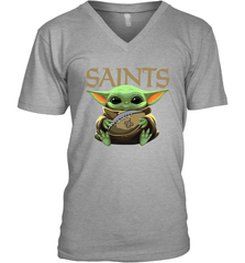 Baby Yoda Loves The New Orleans Saints Star Wars Baby Yoda Hugs Saints NFL Mens V-Neck T-Shirt Mens V-Neck T-Shirt - VeigarTee
