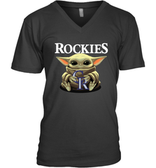 Baby Yoda Hugs Loves The Colorado Rockies Baseball Mens V-Neck T-Shirt Mens V-Neck T-Shirt - VeigarTee