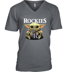 Baby Yoda Hugs Loves The Colorado Rockies Baseball Mens V-Neck T-Shirt Mens V-Neck T-Shirt - VeigarTee