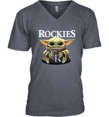 Baby Yoda Hugs Loves The Colorado Rockies Baseball Mens V-Neck T-Shirt Mens V-Neck T-Shirt - VeigarTee