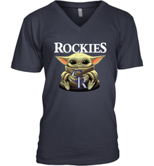 Baby Yoda Hugs Loves The Colorado Rockies Baseball Mens V-Neck T-Shirt Mens V-Neck T-Shirt - VeigarTee