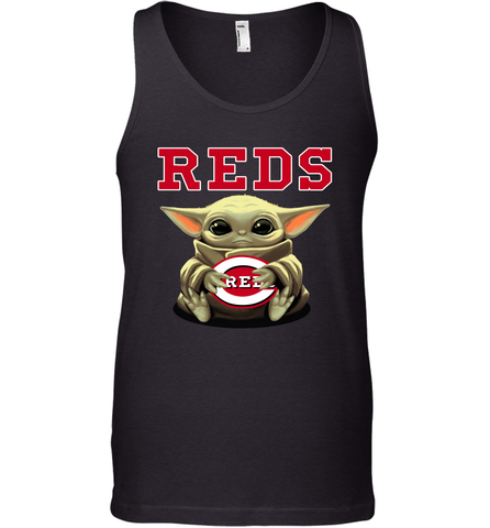 Baby Yoda Hugs Loves The Cincinnati Reds Baseball Mens Tank Top Mens Tank Top / Black / XS Mens Tank Top - VeigarTee