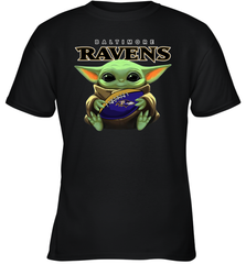 Baby Yoda Loves The Baltimore Ravens Star Wars Baby Yoda Hugs Ravens NFL Youth T-Shirt Youth T-Shirt - VeigarTee