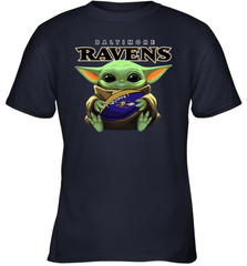 Baby Yoda Loves The Baltimore Ravens Star Wars Baby Yoda Hugs Ravens NFL Youth T-Shirt Youth T-Shirt - VeigarTee