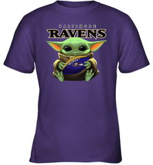 Baby Yoda Loves The Baltimore Ravens Star Wars Baby Yoda Hugs Ravens NFL Youth T-Shirt Youth T-Shirt - VeigarTee