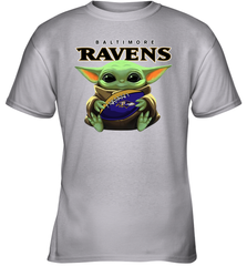 Baby Yoda Loves The Baltimore Ravens Star Wars Baby Yoda Hugs Ravens NFL Youth T-Shirt Youth T-Shirt - VeigarTee