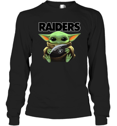 Baby Yoda Loves The Oakland Raiders Star Wars Baby Yoda Hugs Raiders NFL Adult Long Sleeve T-Shirt