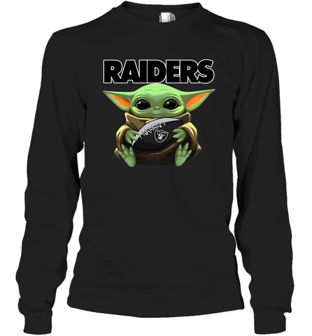 Baby Yoda Loves The Oakland Raiders Star Wars Baby Yoda Hugs Raiders NFL Adult Long Sleeve T-Shirt Adult Long Sleeve T-Shirt / Black / S Adult Long Sleeve T-Shirt - VeigarTee