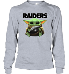 Baby Yoda Loves The Oakland Raiders Star Wars Baby Yoda Hugs Raiders NFL Adult Long Sleeve T-Shirt Adult Long Sleeve T-Shirt - VeigarTee