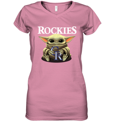 Baby Yoda Hugs Loves The Colorado Rockies Baseball Womens V-Neck T-Shirt Womens V-Neck T-Shirt - VeigarTee