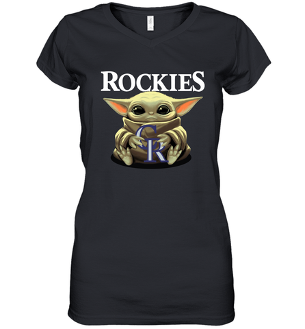 Baby Yoda Hugs Loves The Colorado Rockies Baseball Womens V-Neck T-Shirt Womens V-Neck T-Shirt / Black / S Womens V-Neck T-Shirt - VeigarTee