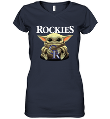 Baby Yoda Hugs Loves The Colorado Rockies Baseball Womens V-Neck T-Shirt Womens V-Neck T-Shirt - VeigarTee